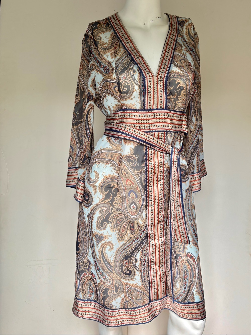 New York & Company Paisley Wrap Dress in Neutral Blue and Brown